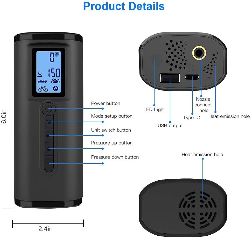 Portable Air Pump Electric For Car Auto Bikecycle Rechargeable