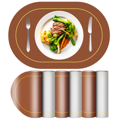 Placemats Set of 6 Table Mats Waterproof Wipeable Leather Placemats Heat Resistant Non-Slip Kitchen Decor Placemats (brown + gray)